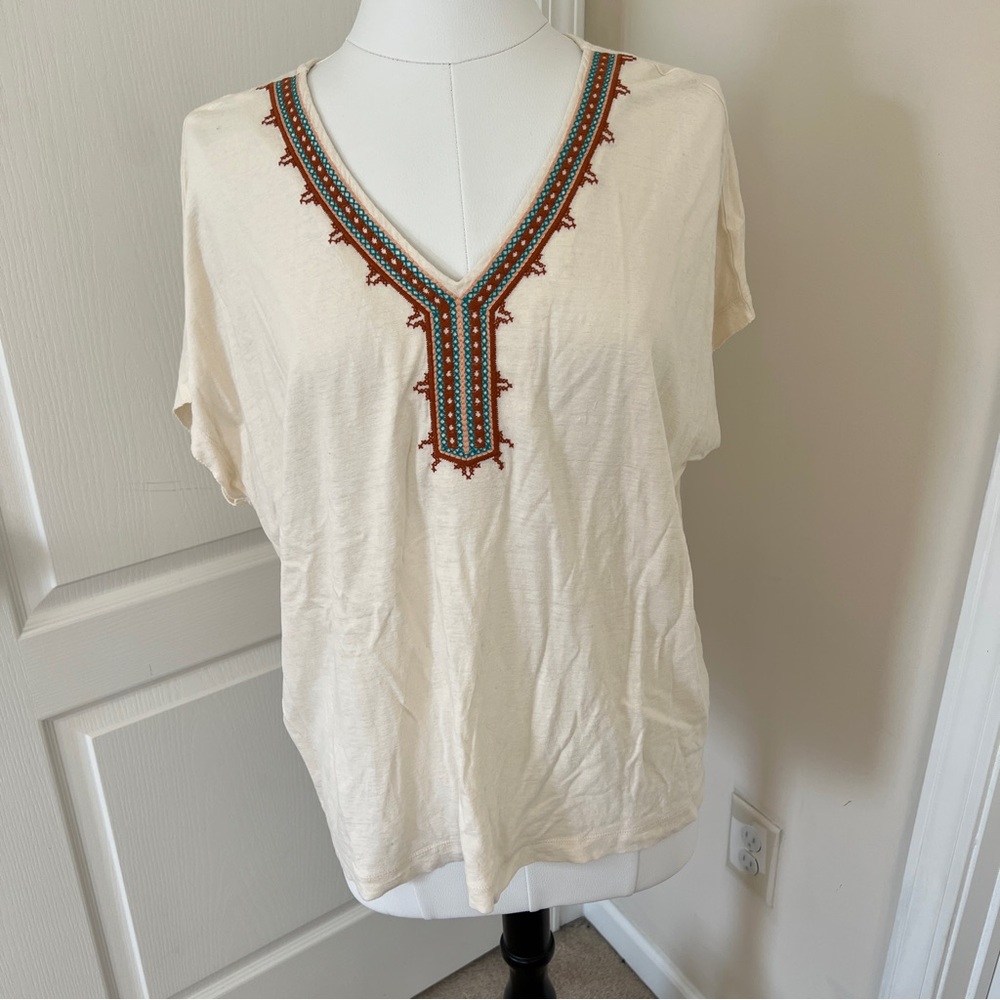 J. Jill Cream V-Neck Top Embroidery Kimono Boxy Shirt Linen Blend